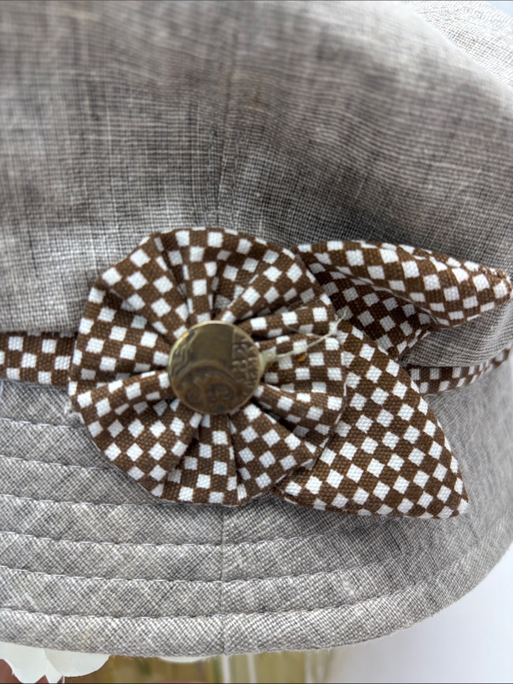 Neutral Linen-Look Bucket Hat with Brown Check Flower Accent#514 - Picture 7 of 10
